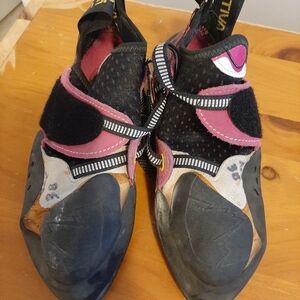 La Sportiva Women's Solution Climbing Shoes - Black, Pink, and Yellow